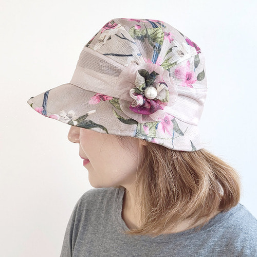 진주 플라워패턴 벙거지 버킷햇 중년 여성 모자