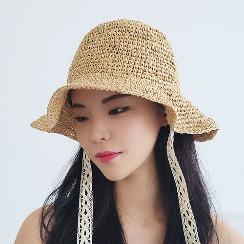여성 여름 레이스 끈 라피아 모자