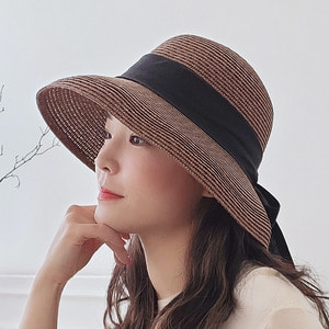 엘레강트리본 밀짚 벙거지 버킷햇 여름 여성 보넷 모자
