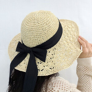 러블리 리본 여름 밀짚 여성 비치 모자