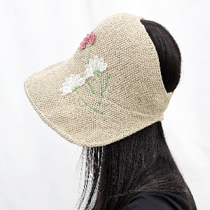 플라워 장식 와이드 한지사 썬캡 모자