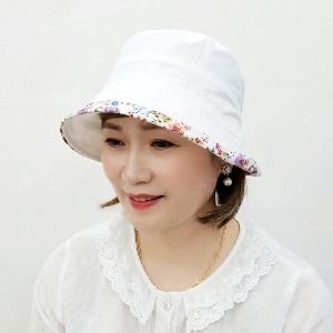 뒷 리본 잔꽃 올린챙 벙거지 여성 모자 버킷햇 끈