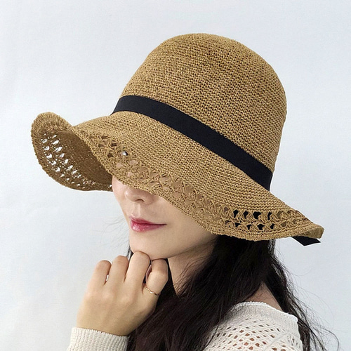 리본지사 밀짚 벙거지 여성 여행 플로피햇 여름 모자